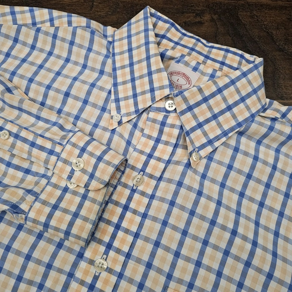 Brooks Brothers Mens Large Blue Plaid‎ Non-Iron Original Polo Shirt Button Up